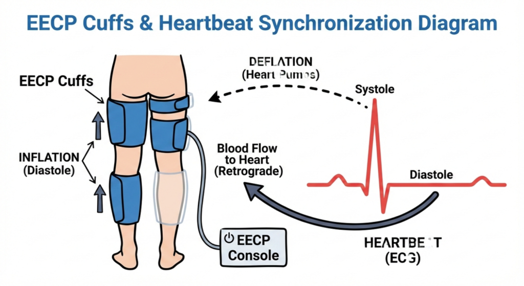 A simple diagram showing how EECP cuffs work with the heartbeat.