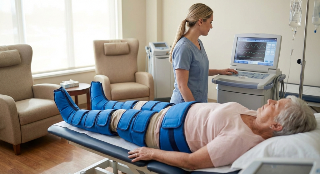 Photo or illustration of a patient undergoing EECP therapy.
